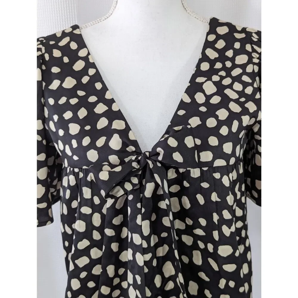 LOFT! BLACK, TAN SATINY PUFF SLEEVE, BOW BACK SPECKLED TOP, BLOUSE, SHIRT! SZ XS